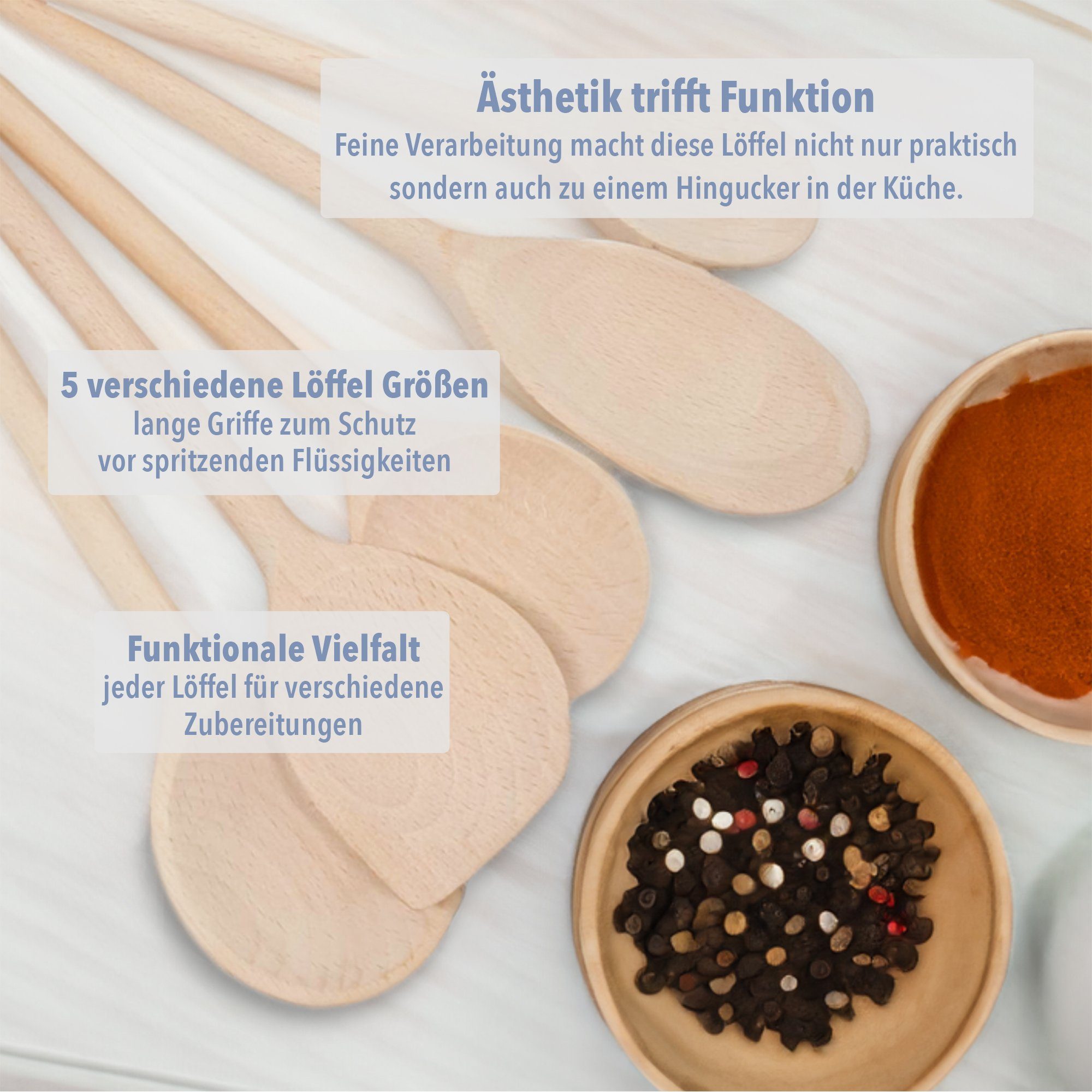 SOHFA Kochlöffel 5er Set Buchenholzlöffel 25-32cm Holzkochlöffel hergestellt in Europa, 100% FSC®