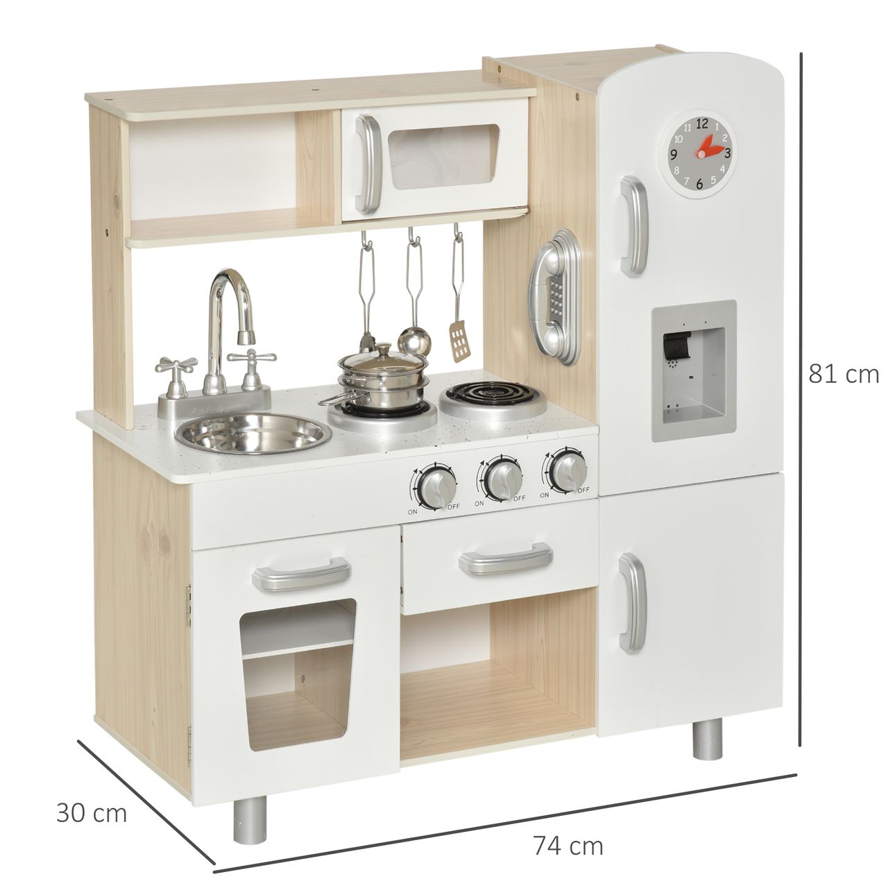 HOMCOM Kinderküche mit Zubehör, Traumküche, Spielküche, Spielzeugküche für 3 Jahre , Kiefer, MDF, Weiß, 74 x 30 x 81 cm