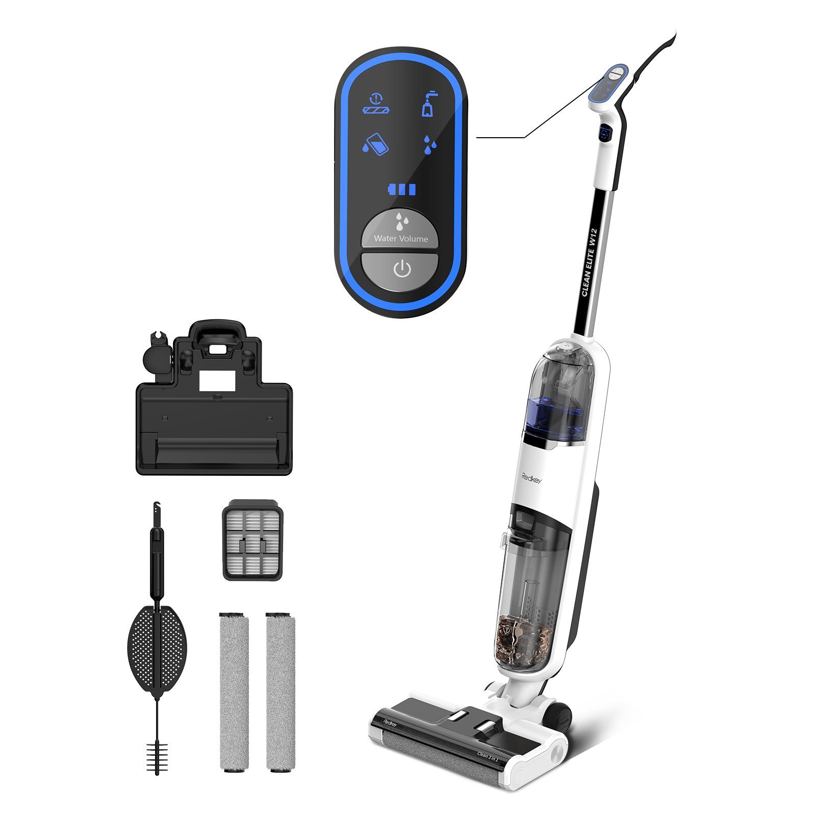 Redkey Nass-Trocken-Akkusauger W12, 150,00 W, Beutellos, Handstaubsauger, Akkustaubsauger, Selbstreinigung, Staubsauger Kabellos, 3-in-1 Nass Trockensauger, LED Anzeige, Doppelwassertank