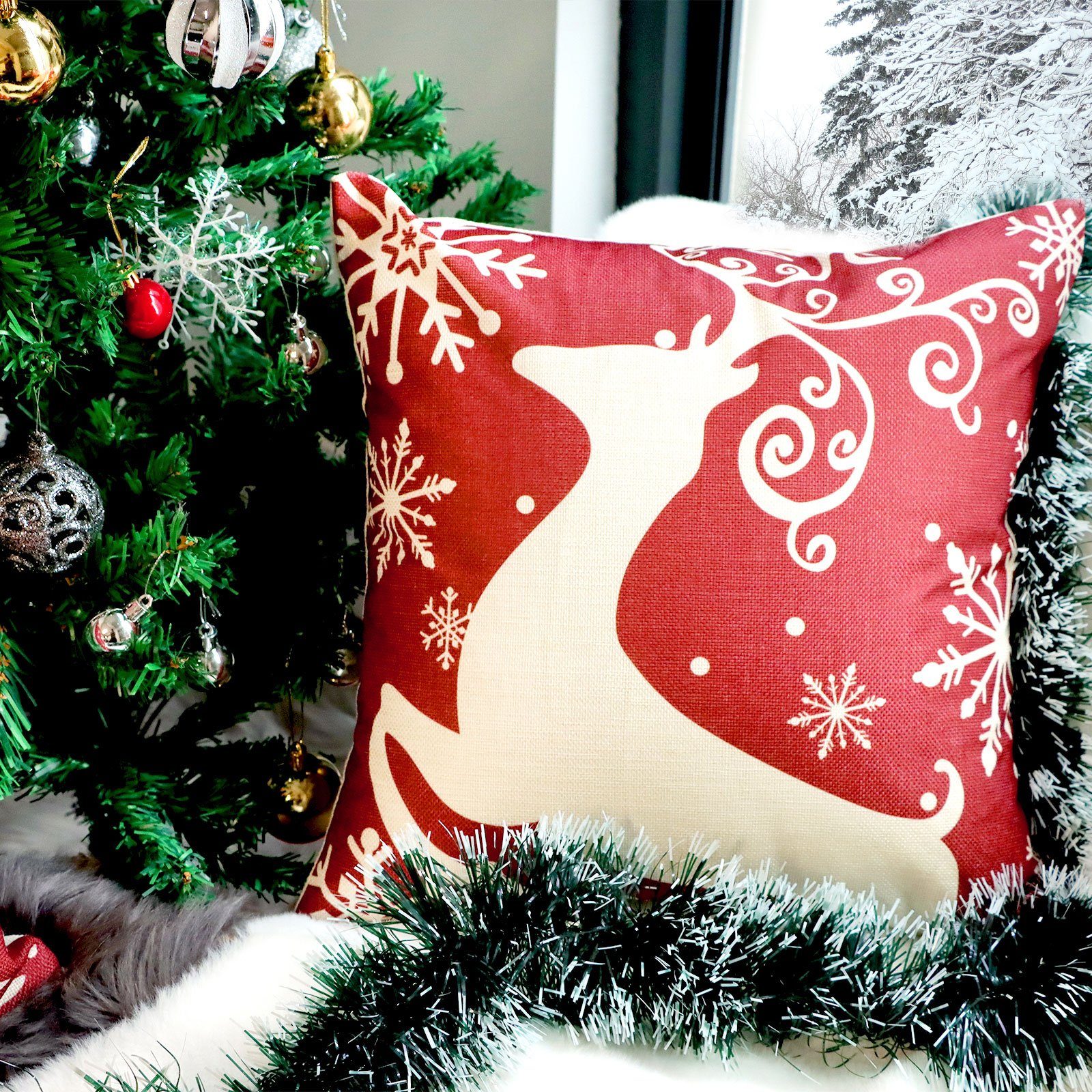 Kissenbezüge Leinenlook für Zierkissen, Sofakissen, Weihnachts-Kissenbezüge, CALIYO, 4 Stück Kissenbezug zu Weihnachten