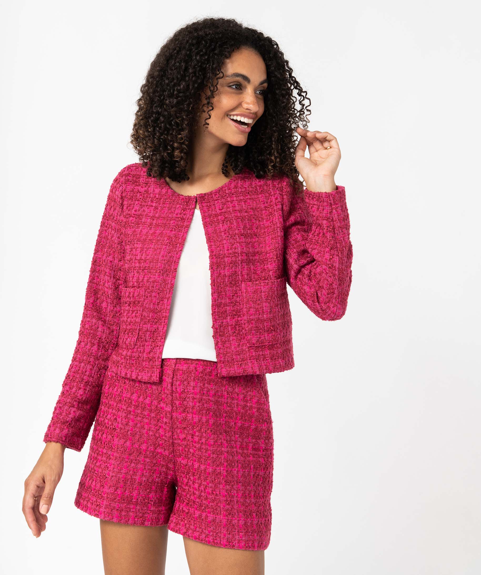 Veste femme aspect tweed coupe courte rose | GEMO