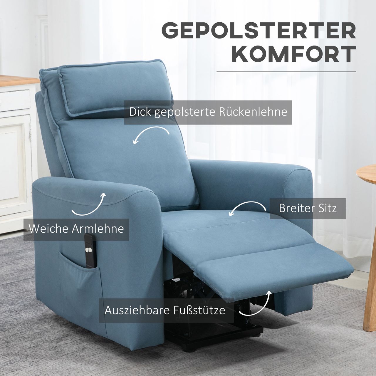 HOMCOM Elektrischer Aufstehsessel Relaxsessel mit Aufstehhilfe, Samt, Blau