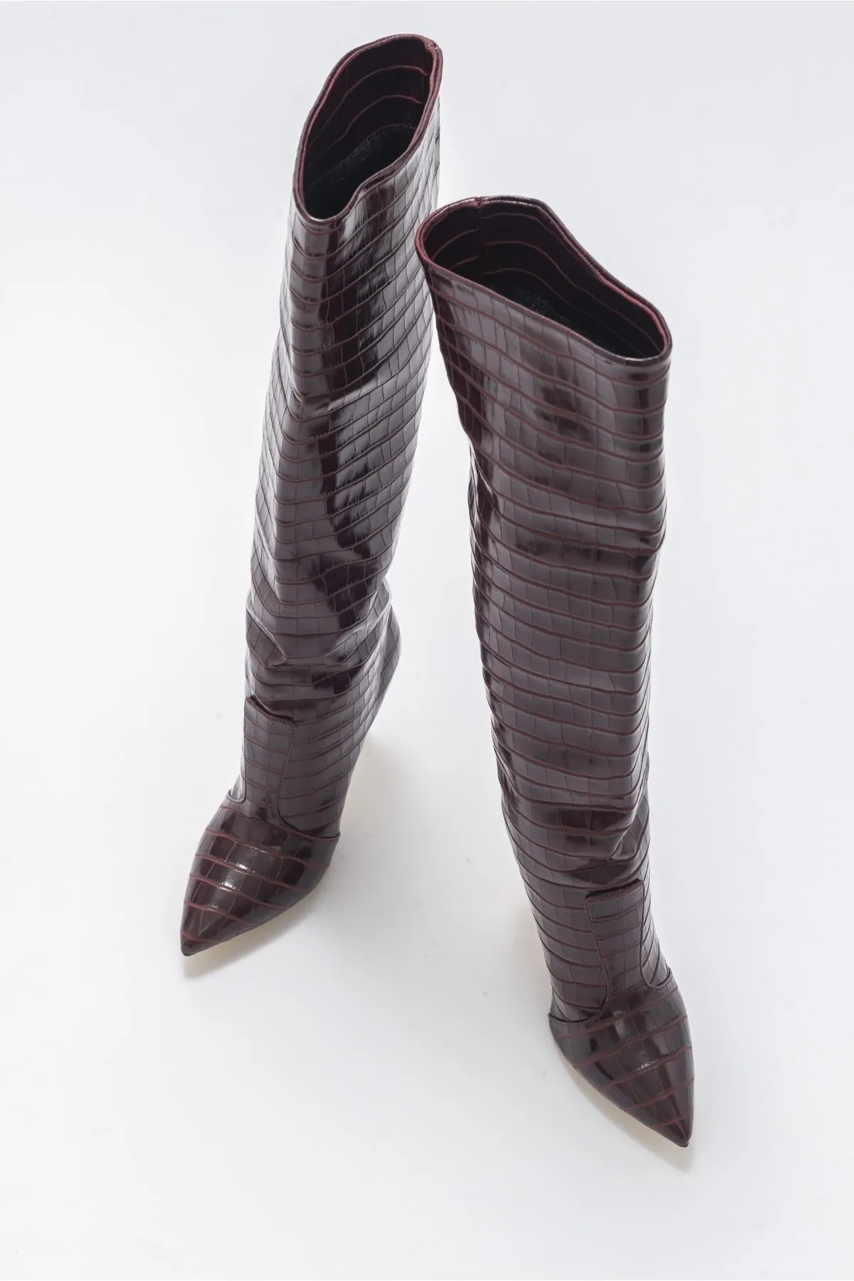LuviShoes  Marineblaue, weinrot bedruckte Damenstiefel mit Absatz