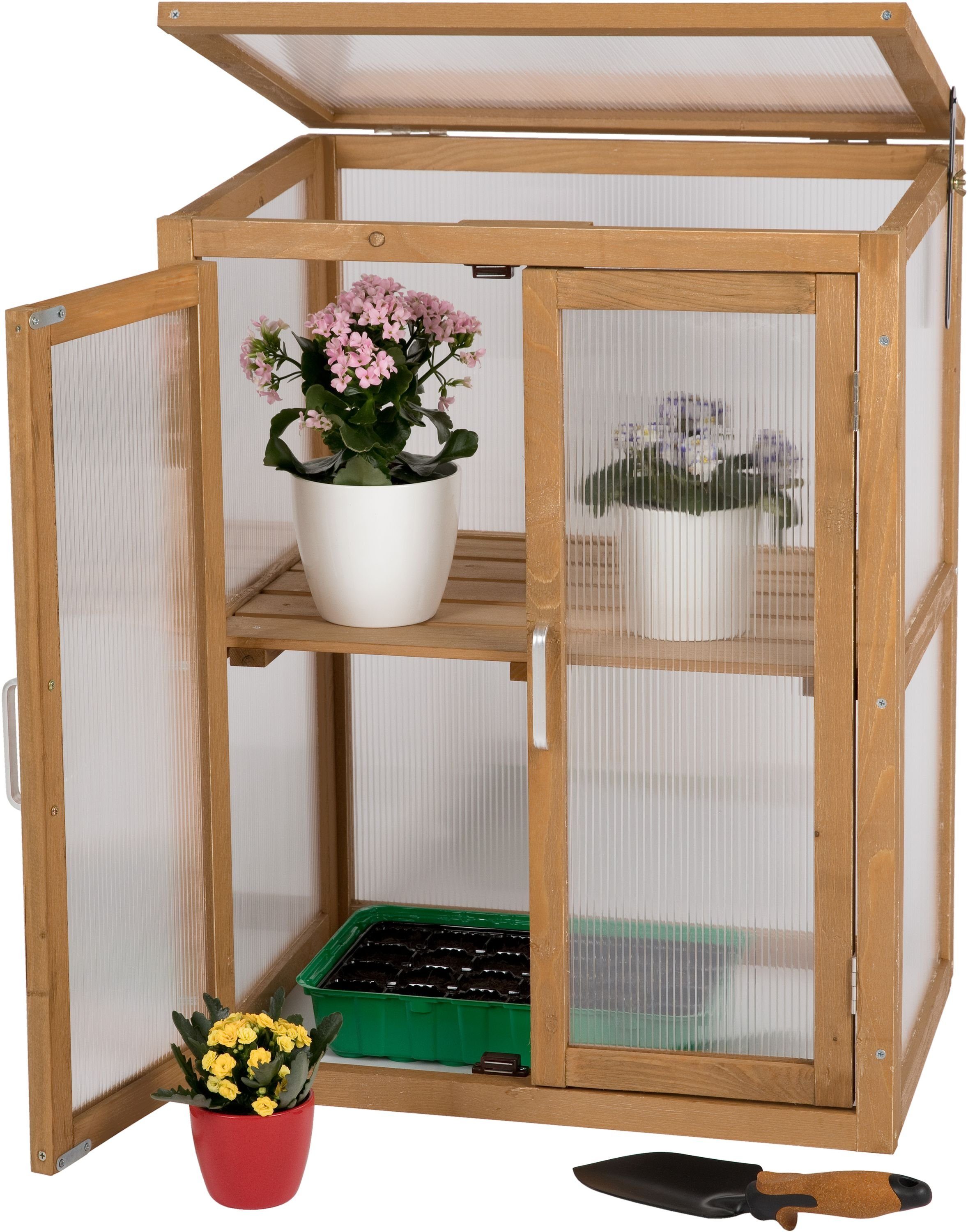 needs&wants® Gewächshaus Mini Treibhaus klein winterfest aus Holz für Balkon Garten Zimmer Indoor, Frühbeet Hochbeet Anzucht Aufzucht von Pflanzen Pflanzschrank Anzuchthaus, 56x43x76 cm, Polycarbonat, braun