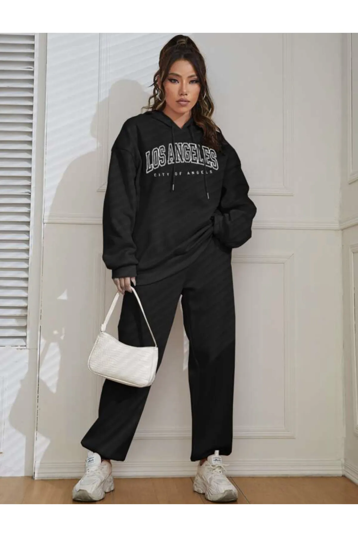 My Blog  Schwarzes Los Angeles-Trainingsanzugset mit Kapuze für Damen