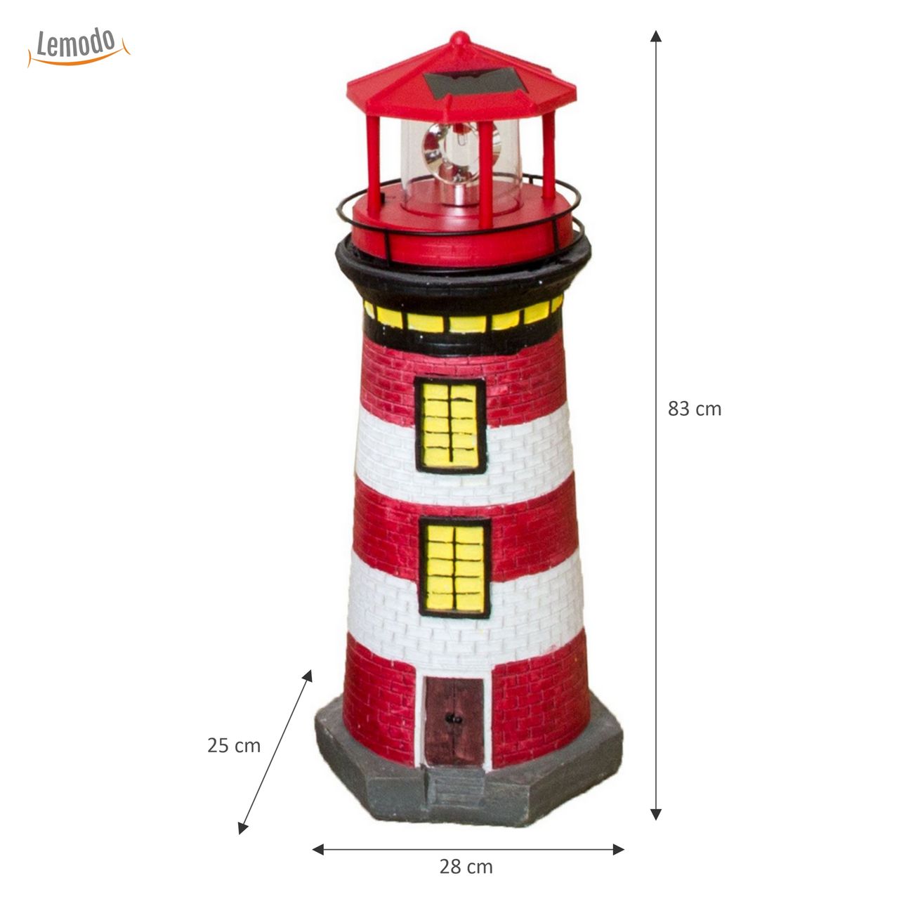 Lemodo Lemodo Gartendeko Leuchtturm mit Solar rot/weiß, handbemalte Gartenfigur 83 cm hoch