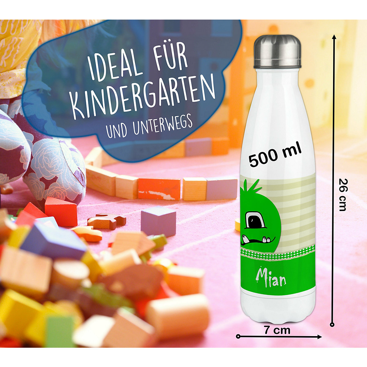 Edelstahl Kinder Thermoflasche / Trinkflasche bunt Monster Karo Farbe grün Spülmaschinenfest, Auslaufsicher, Bruchfest, Doppelwandig, Für Heißgetränke geeignet, Mit Deckel, Isoliert