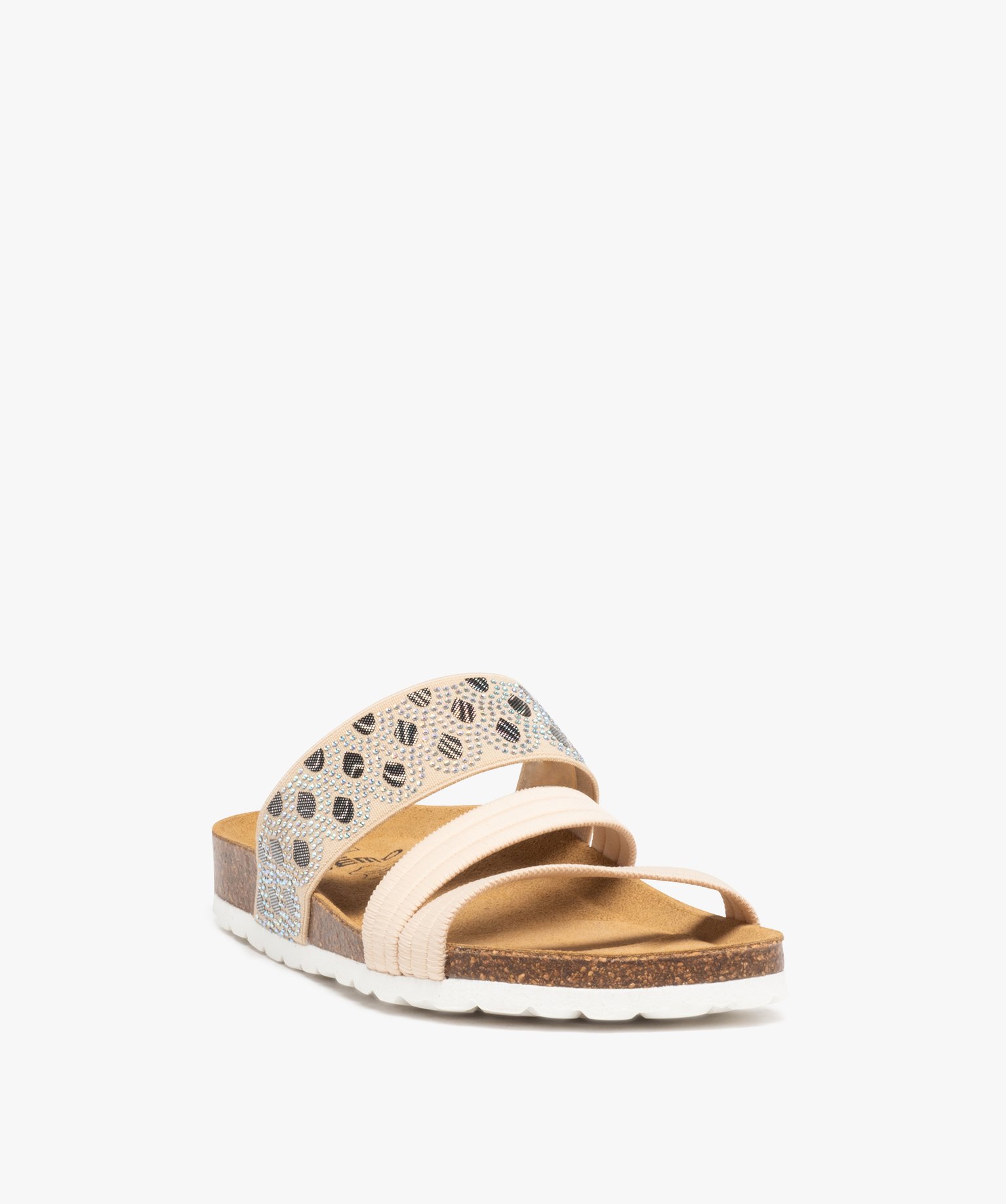 Mules femme à talon plat avec brides élastiques fantaisie beige | GEMO