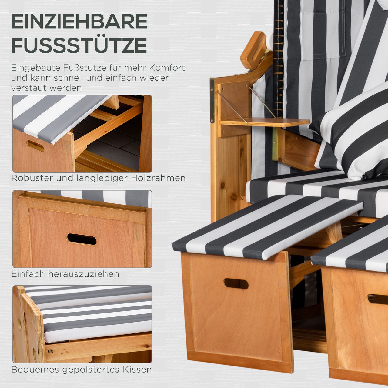 Outsunny Strandkorb Doppelte Sonnenliege mit Dach Doppelliege mit Getränkehaltern Chaiselongue 5-stufige Rückenlehne PE-Rattan Grau Weiß 118 x 79 x 150 cm