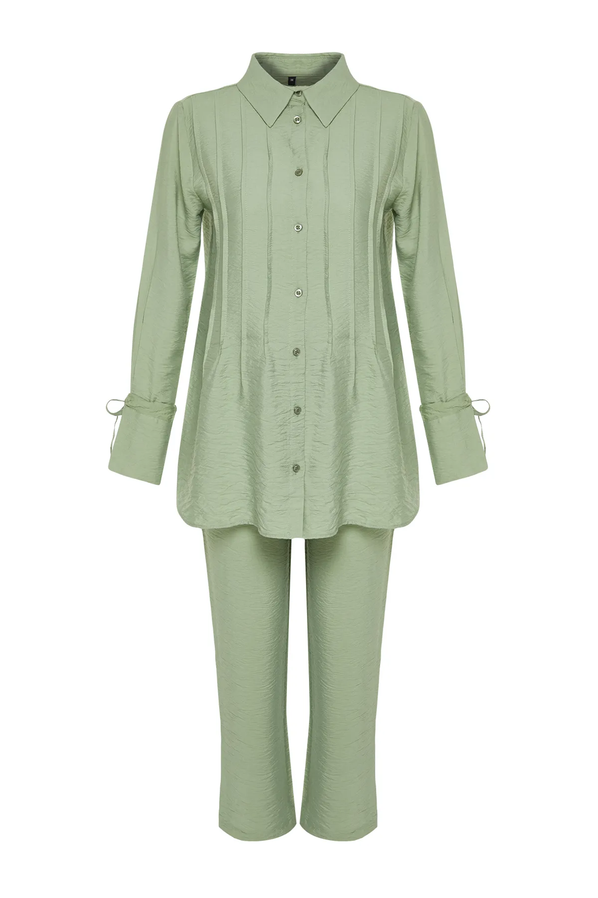 Trendyol Modest  Khakifarbenes, detailliertes, gewebtes Leinen-Hemd-Hose-Hose-Set mit Falten und Oberteil TCTSS24US00018