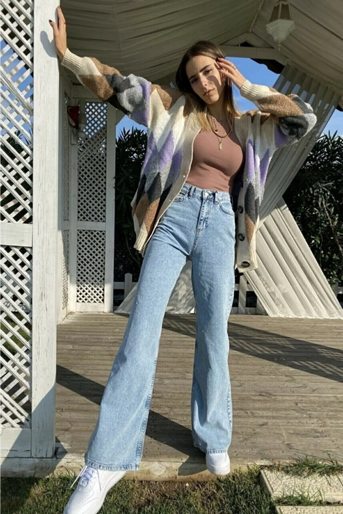 LİMABEL  Elaa End Game Blue Ice Damen-Palazzohose aus Lycra im 90er-Stil mit superhohem, lockerem Bein und weitem Denim