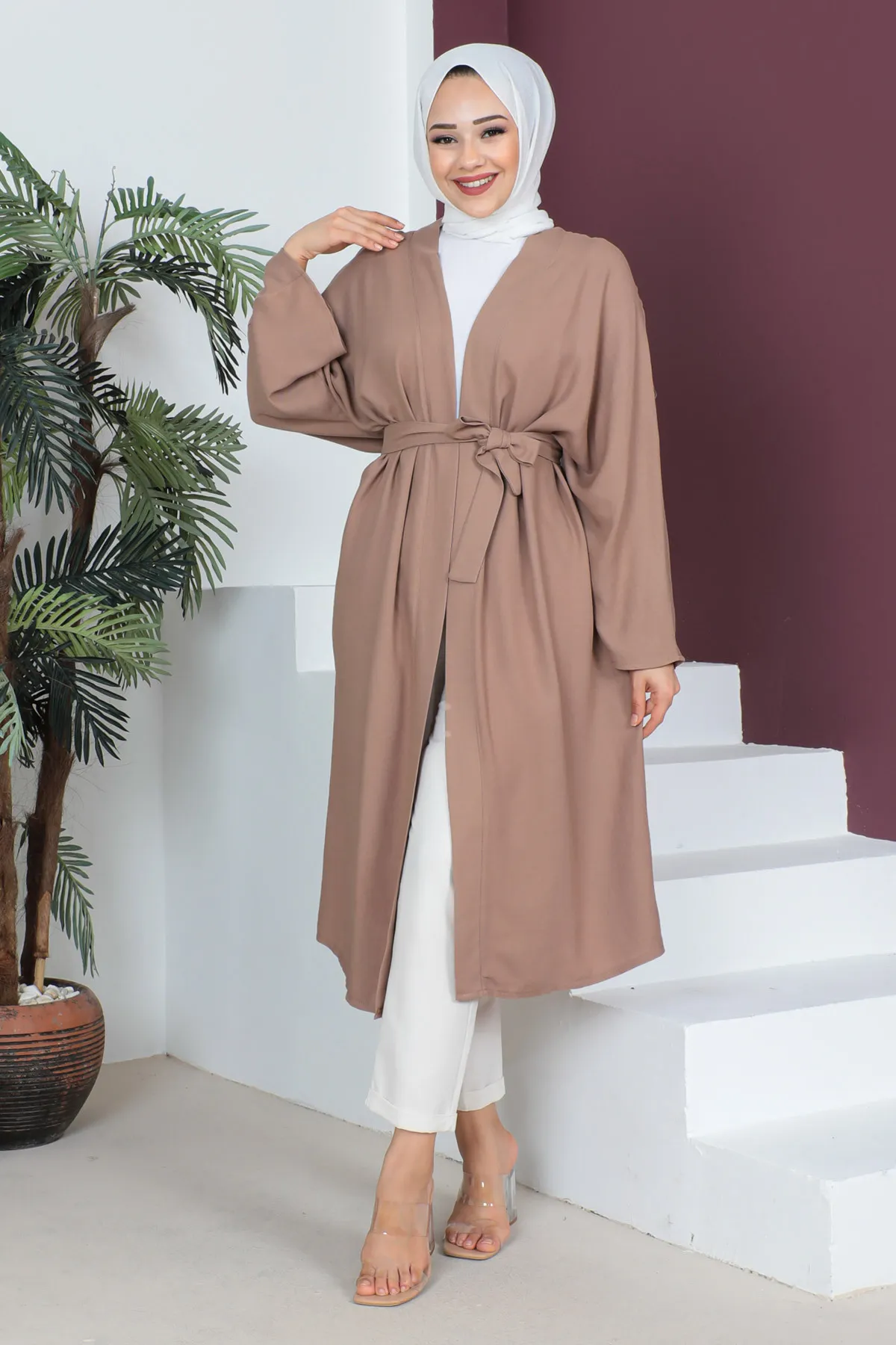 Tesettür Dünyası  Kimono mit Taillengürtel TSD230513 Nerz