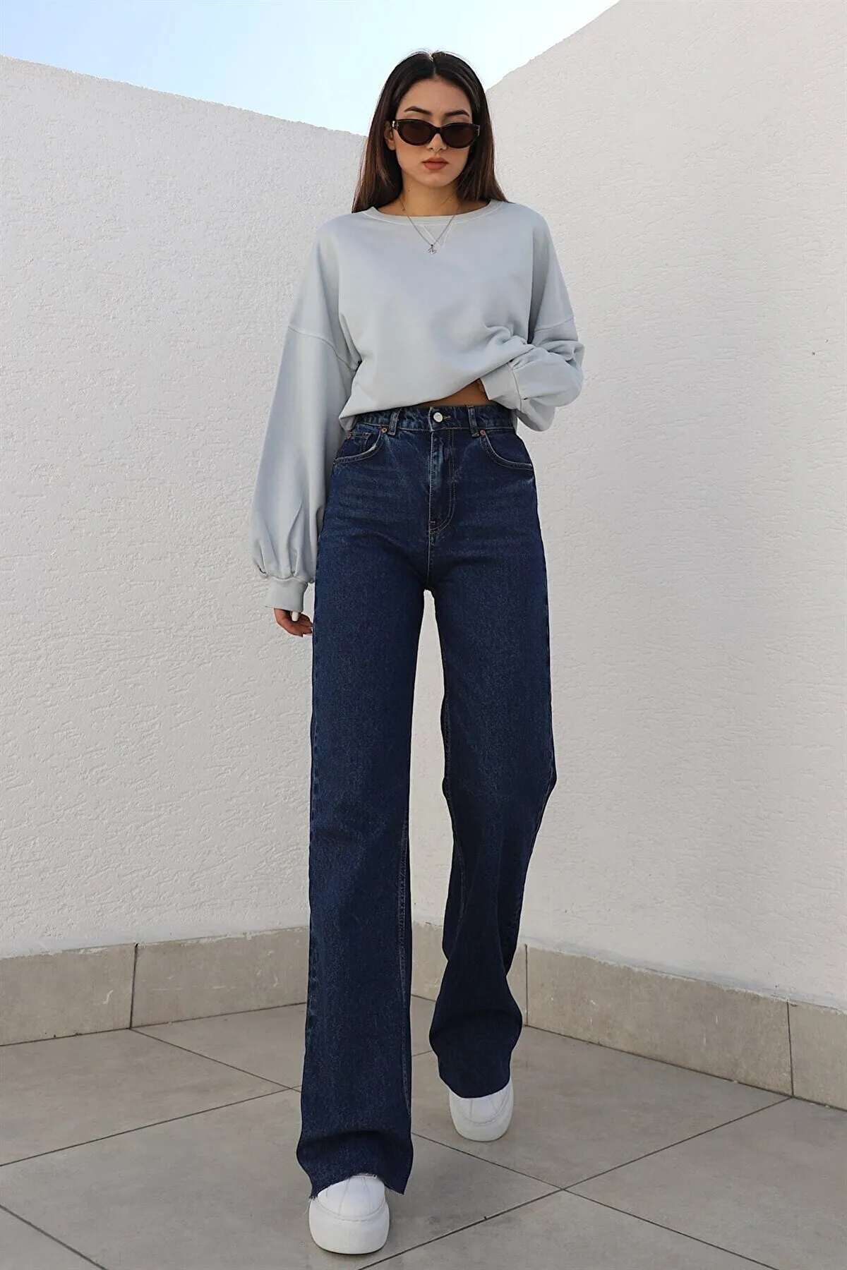 LİMABEL  Cameliaa Marineblaue Damen-Palazzo-Hose aus lockerem Lycra im Stil der 90er mit superhohem, lockerem Bein und lockerem Denim