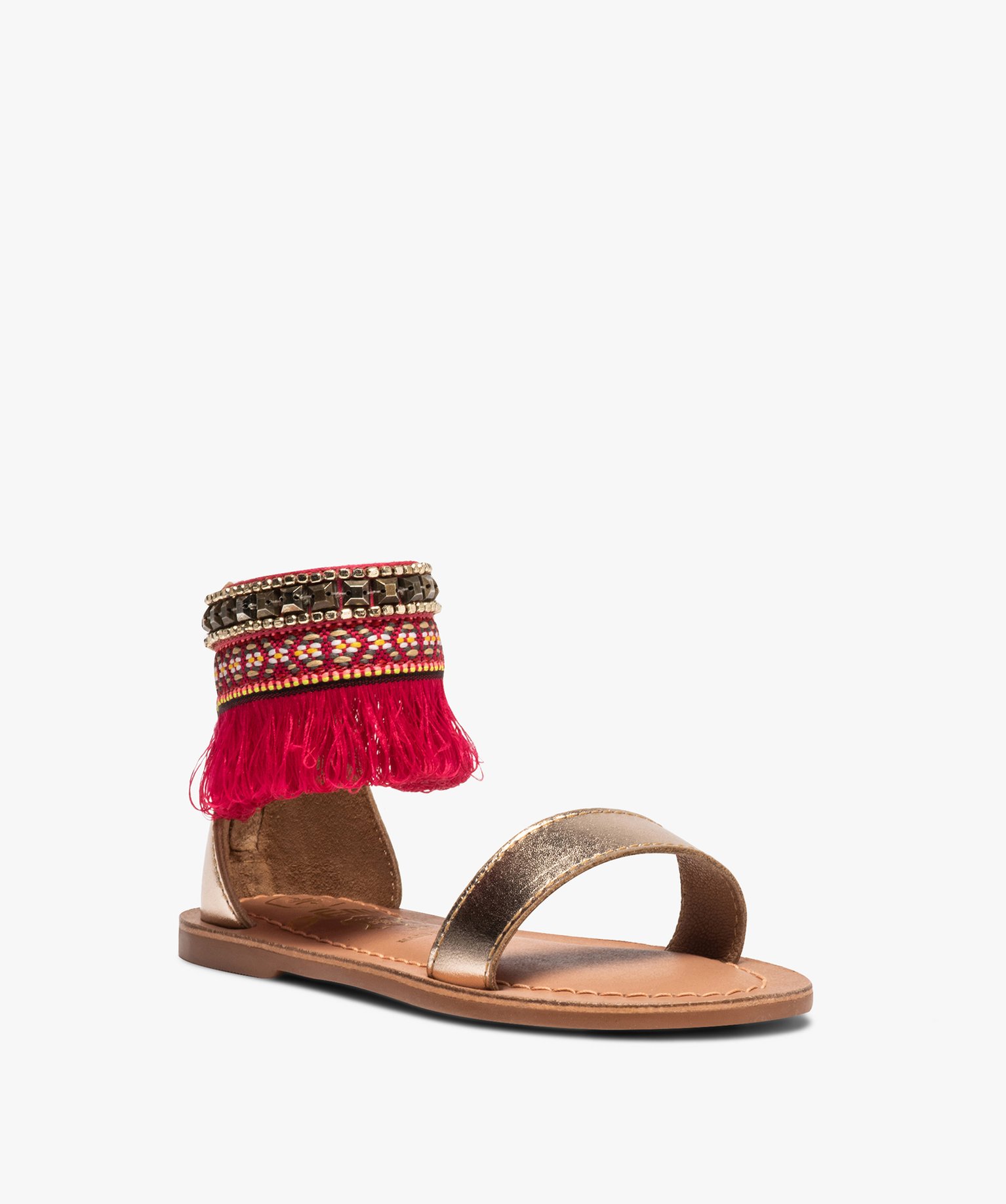 Sandales fille avec bride cheville ornée de perles et franges camel | GEMO