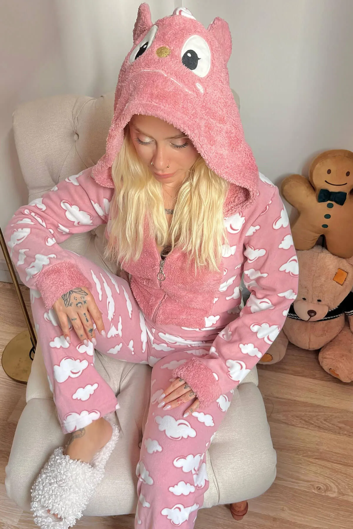 Pijamaevi  Damen-Pyjama-Set aus Fleece-Plüsch-Jumpsuit mit Wolkenmuster