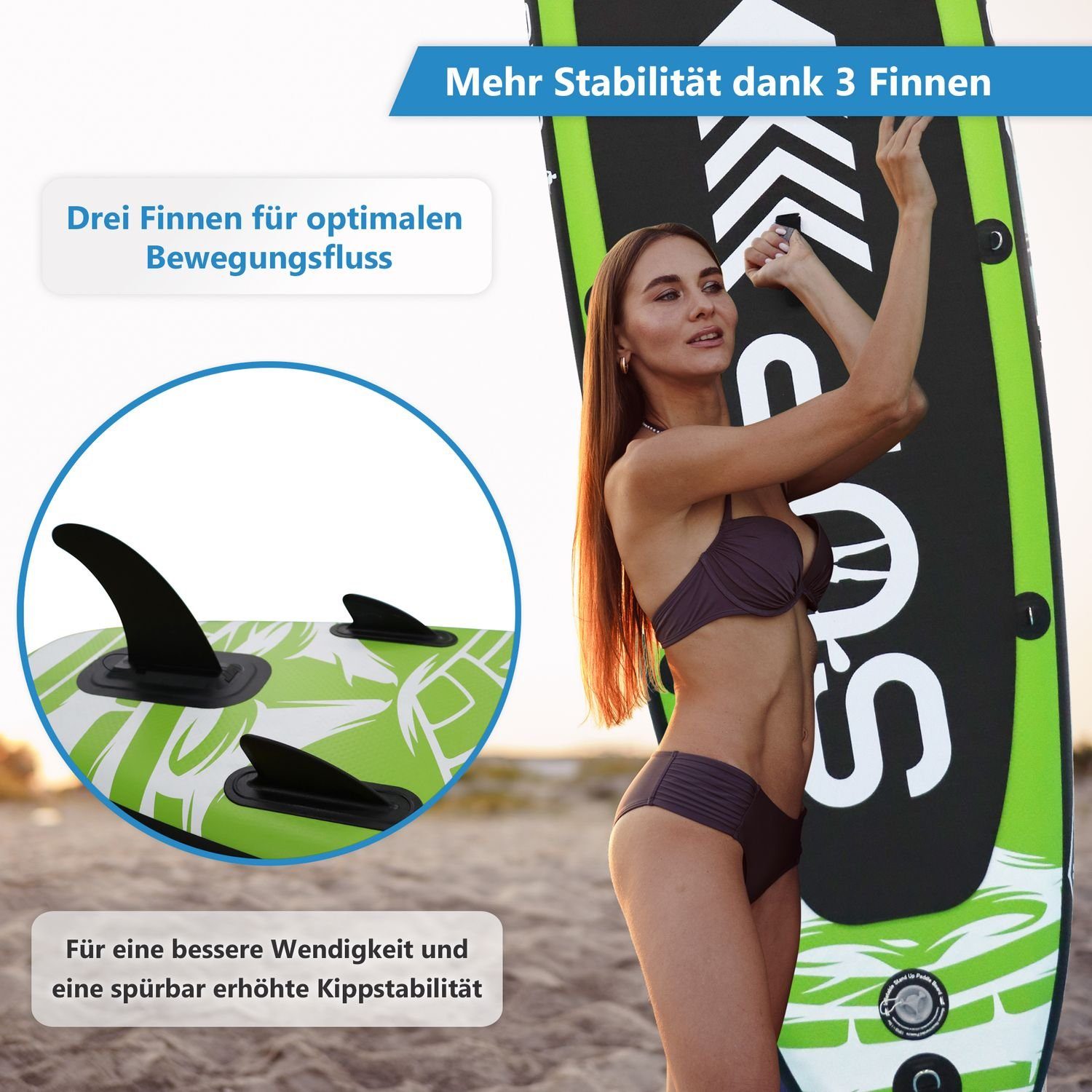 24Move SUP-Board Supboard Set, Premium Stand Up Paddleboard aufblasbar, inkl. Zubehör, Longboard, (Rucksack, Paddel, Action Cam ready, Doppelhub Pumpe, Sicherungsleine, 6 tlg., für Kinder & Erwachsene, GRÜN, 305x76, bis 150 kg), mit Drop Stich Techno