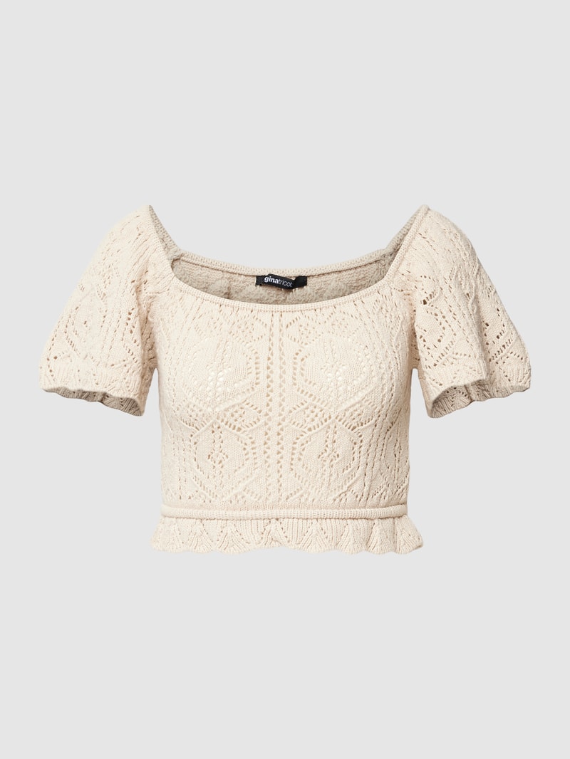 Cropped Bluse mit Häkelspitze Modell 'Mimi' in beige