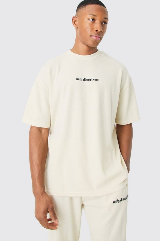 Loungewear T-Shirt und Jogginghose mit Herz-Print in Waffeloptik