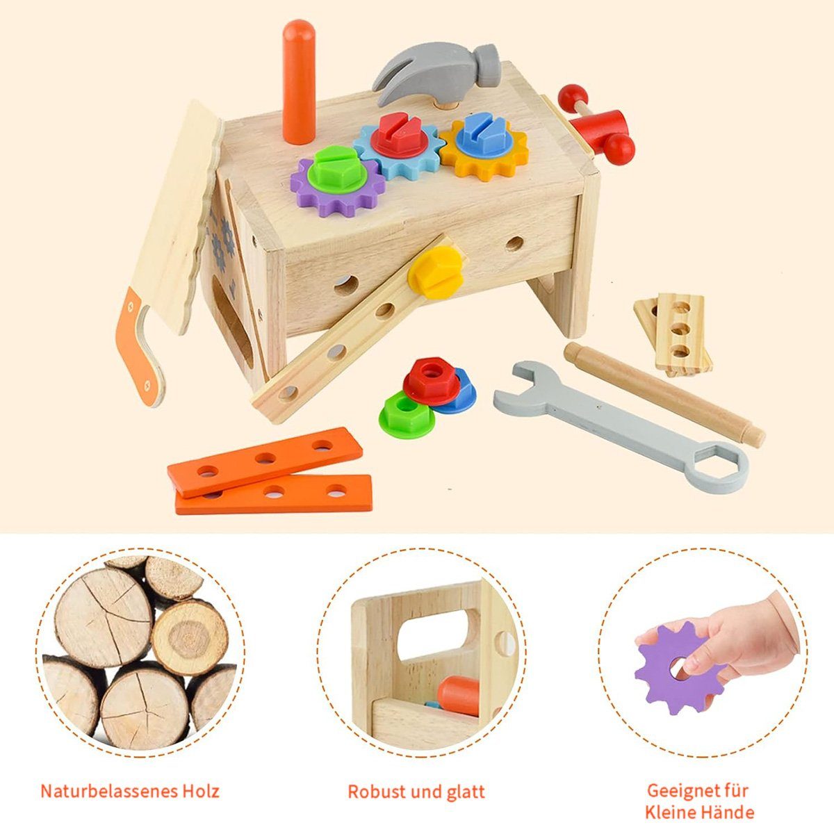 flowgoer Spielzeugtruhe 24-teiliges Holzwerkzeugset für Kinder - Tragbarer Werkzeugtisch, Entwickeln Sie Ihre Fantasie und trainieren Sie praktische Fähigkeiten