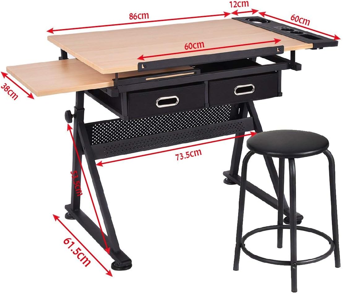Costway COSTWAY Zeichentisch mit Hocker, Architektentisch höhenverstellbar
