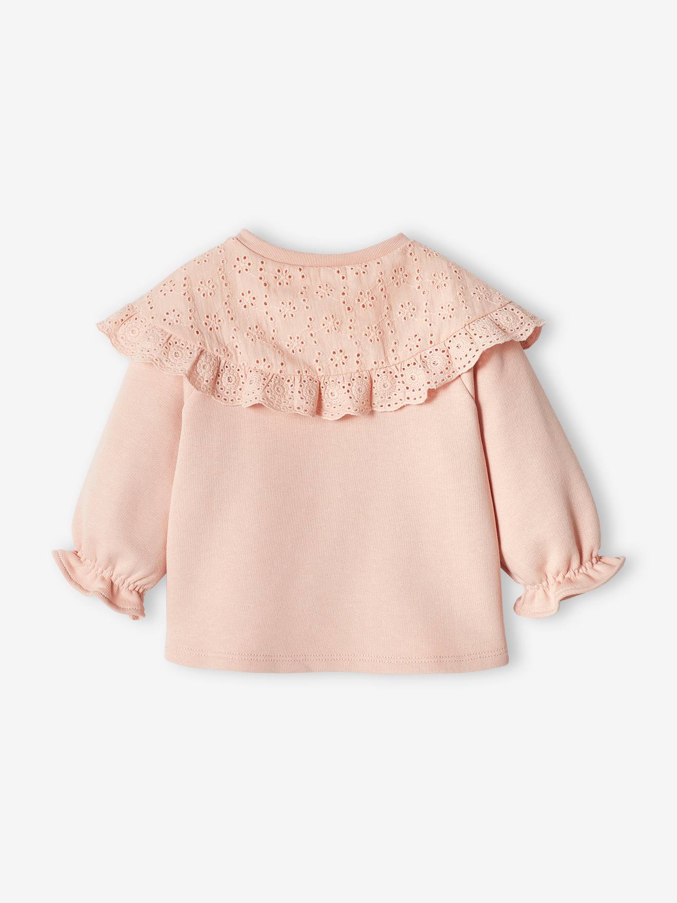 Sweat bébé encolure en broderie anglaise rose poudré
