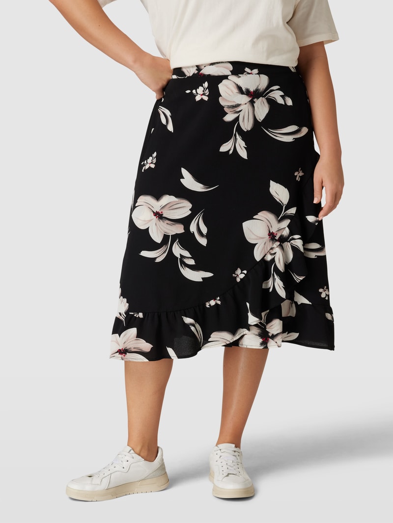 PLUS SIZE Midirock mit floralem Print in schwarz