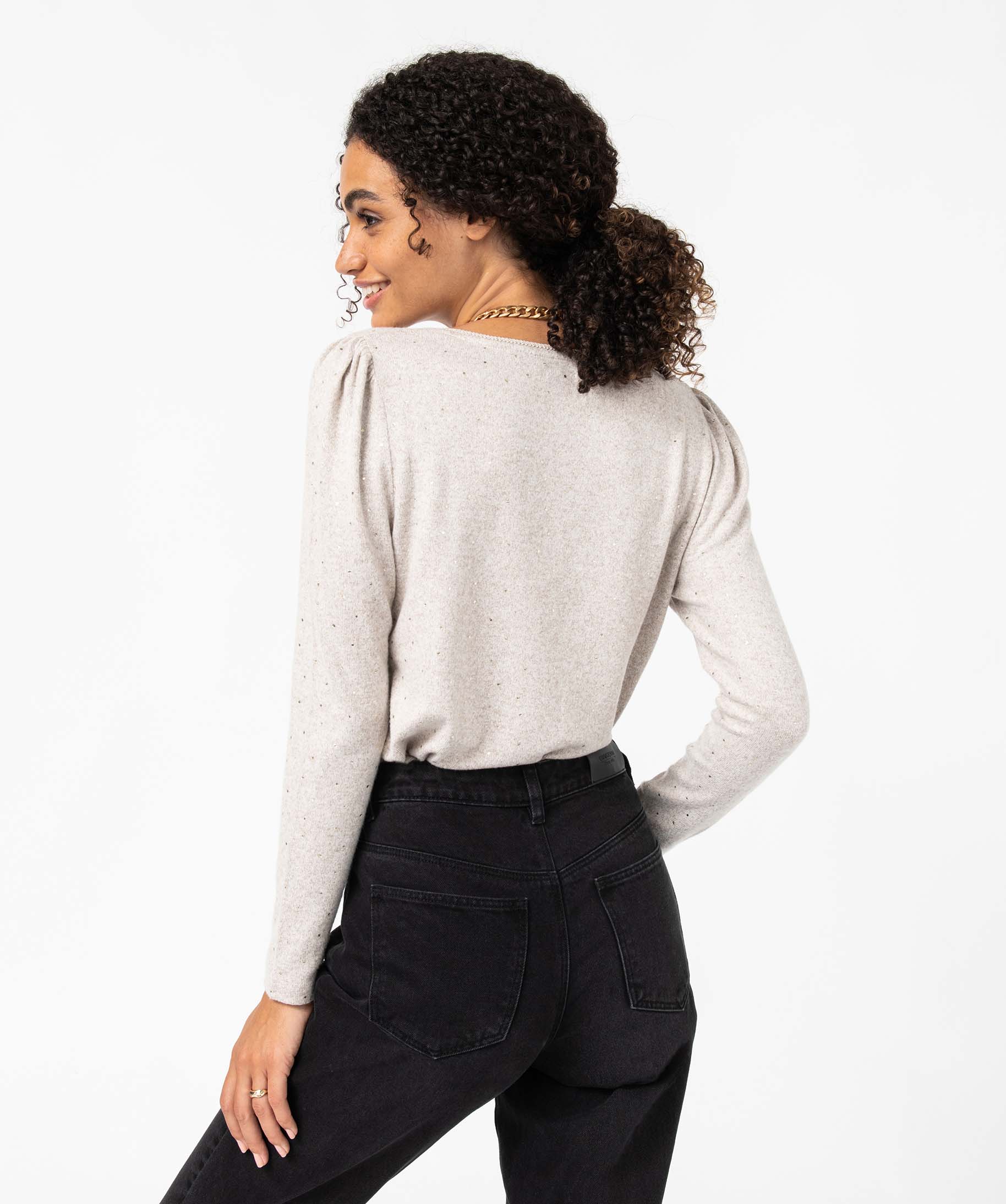 Tee-shirt femme à manches longues avec col V et motif paill... beige | GEMO