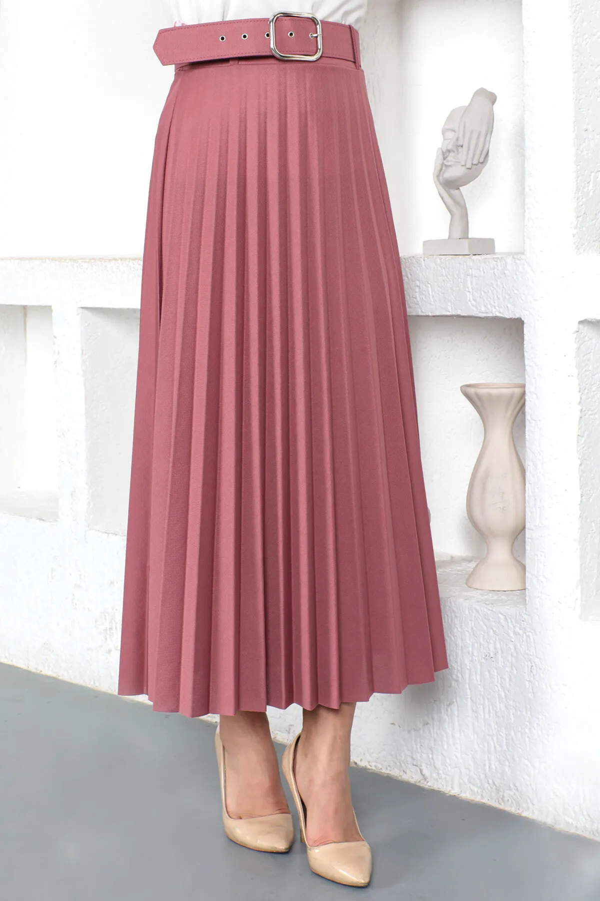 Tesettür Dünyası  Faltenrock mit Gürtel Tsd230113 Dusty Rose