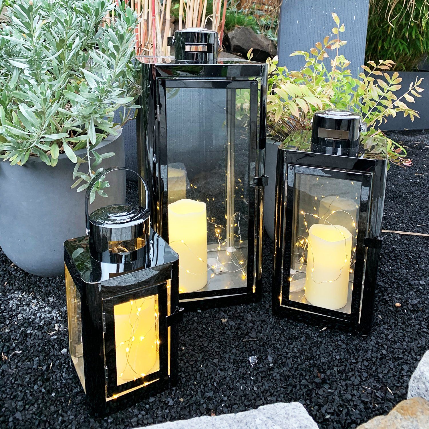 Mojawo Laterne 3er Luxus Laternen / Gartenlaternen Set Edelstahl Platin Optik