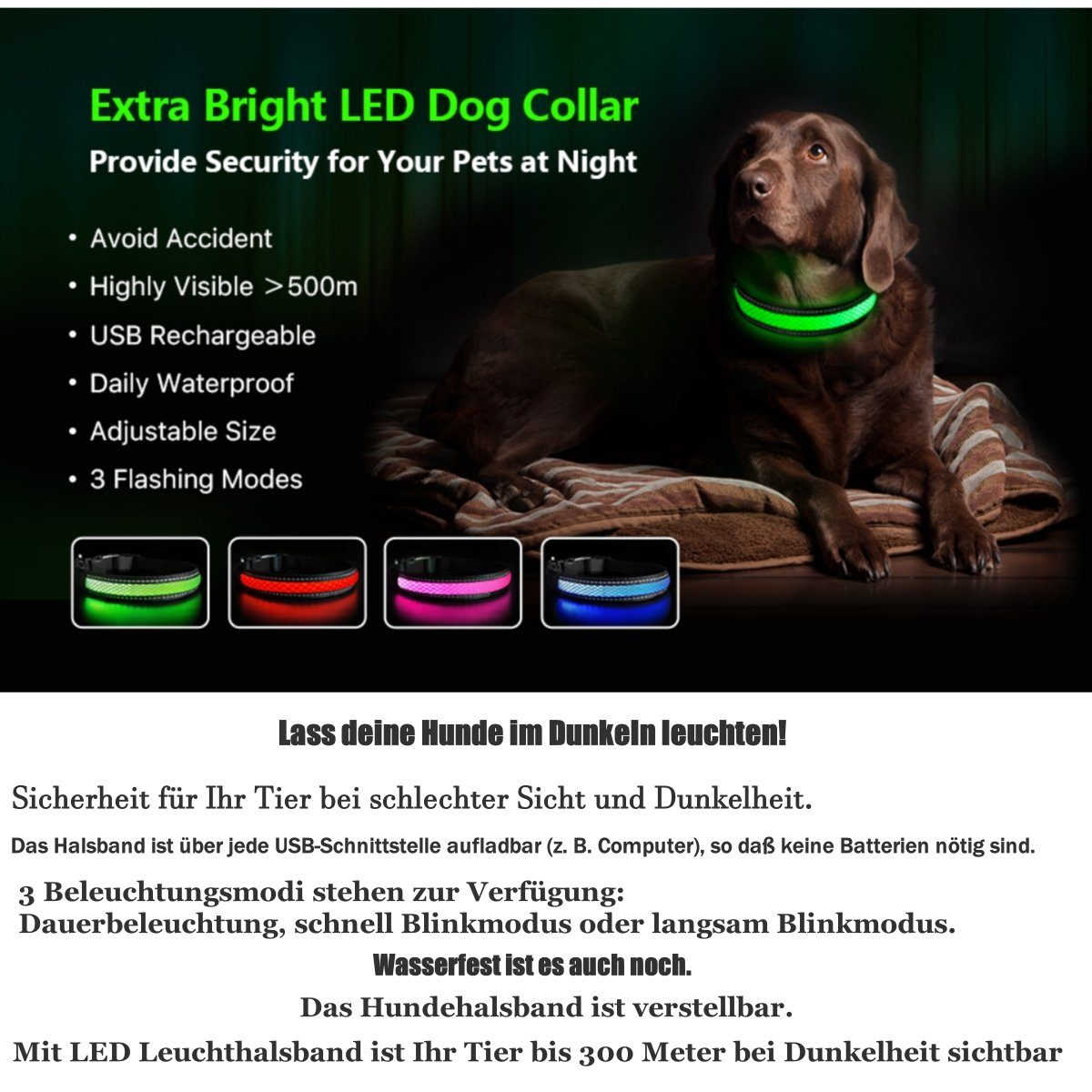 Ciskotu Hunde-Halsband Leuchthalsband Hunde Aufladbar,Hundehalsband Leuchtend Wasserdicht, mit 3 Beleuchtungsmodi, Verstellbare LED Halsband