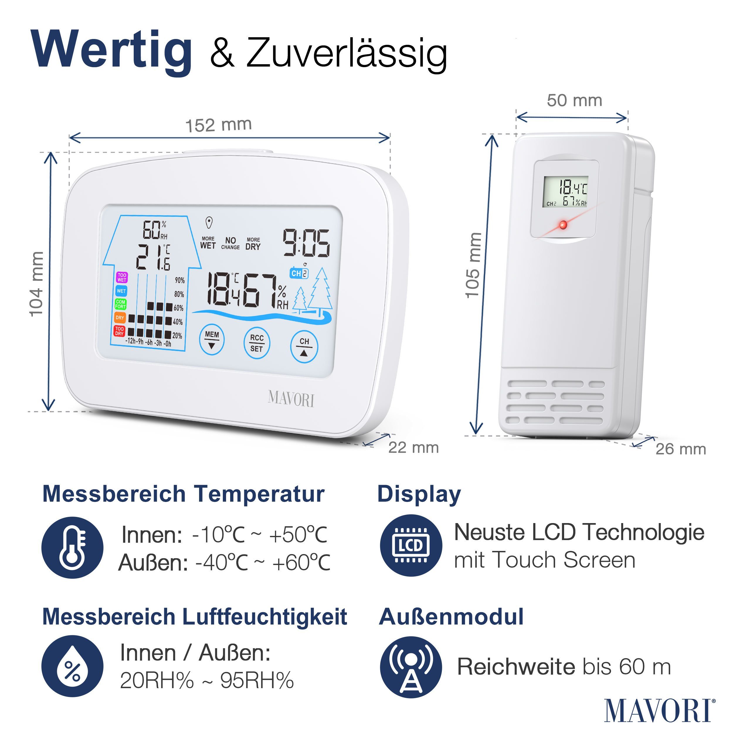 MAVORI Funk Hygro-Thermometer mit Außensensor – präzise und dekorativ Funkwetterstation (Funk Außensensor, Funkuhr)