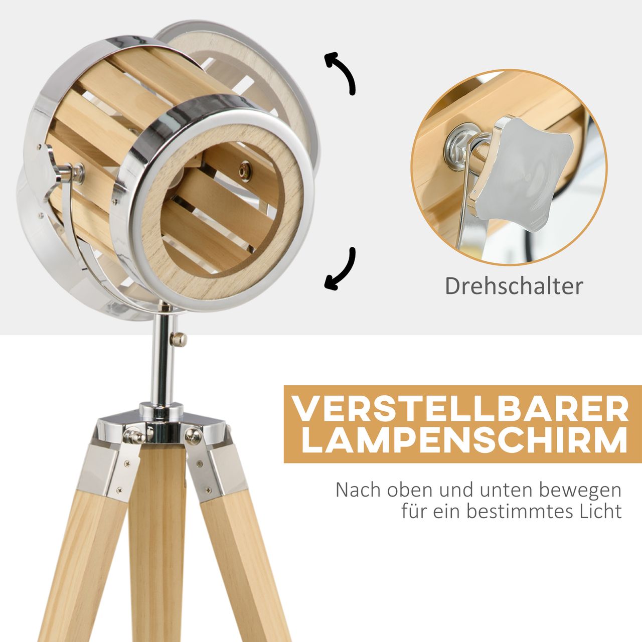 HOMCOM Tischlampe Stativ Tischleuchte 40 W Stativlampe Nachttischlampe Tripodlampe mit Dreibein und verstellbarem Holzlampenschirm E14 Sockel Stahl Natur 30 x 30 x 68 cm