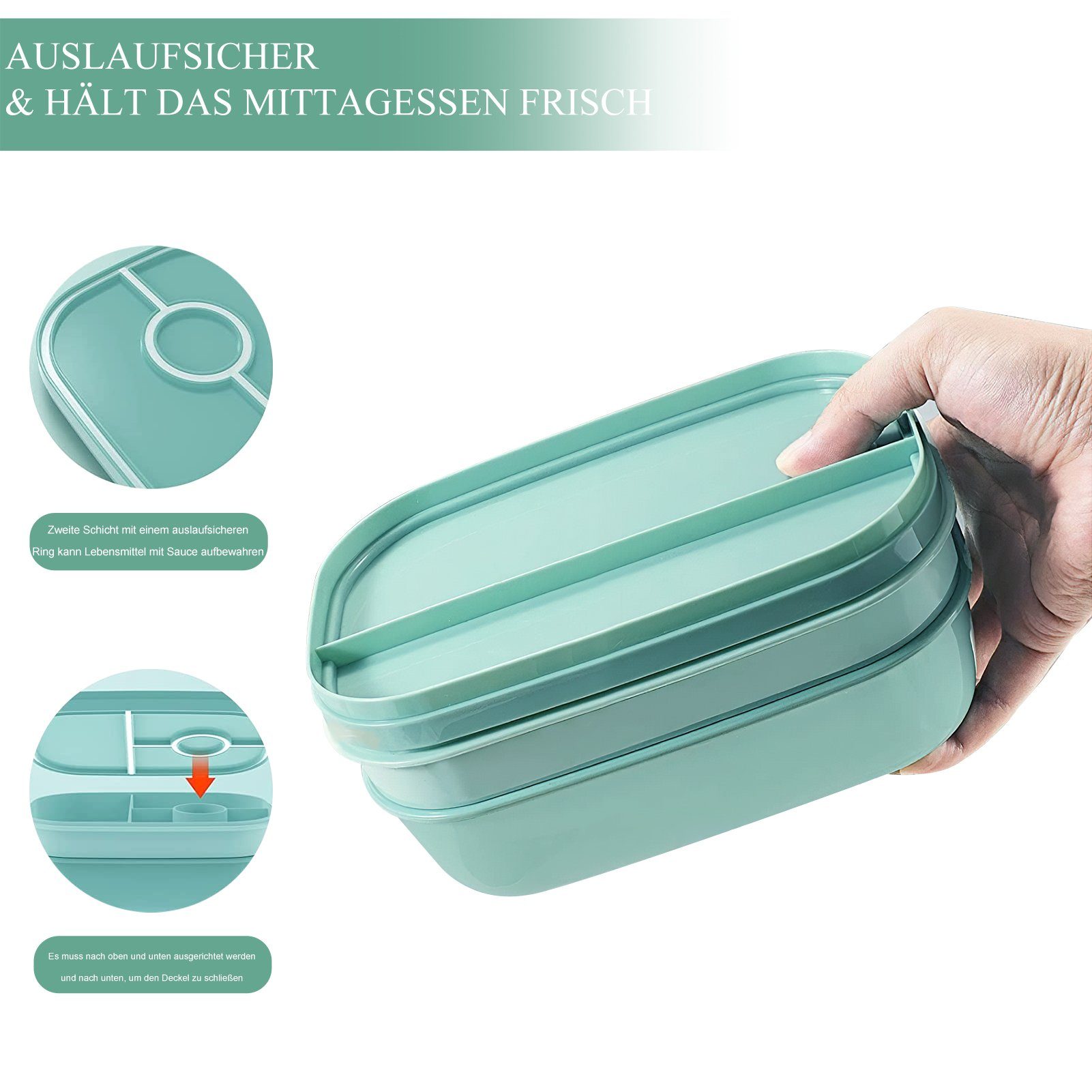 MDHAND Lunchbox 1900ML Lunch Box Auslaufsichere Lunch Box mit Fächern, Licht grün