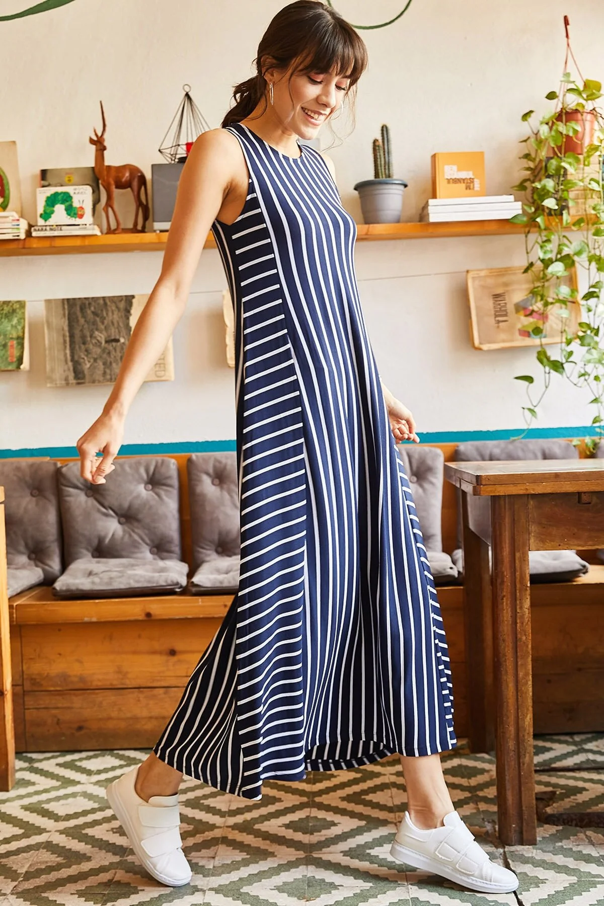 Olalook  Marineblau gestreiftes langes Freizeitkleid für Damen ELB-19001075