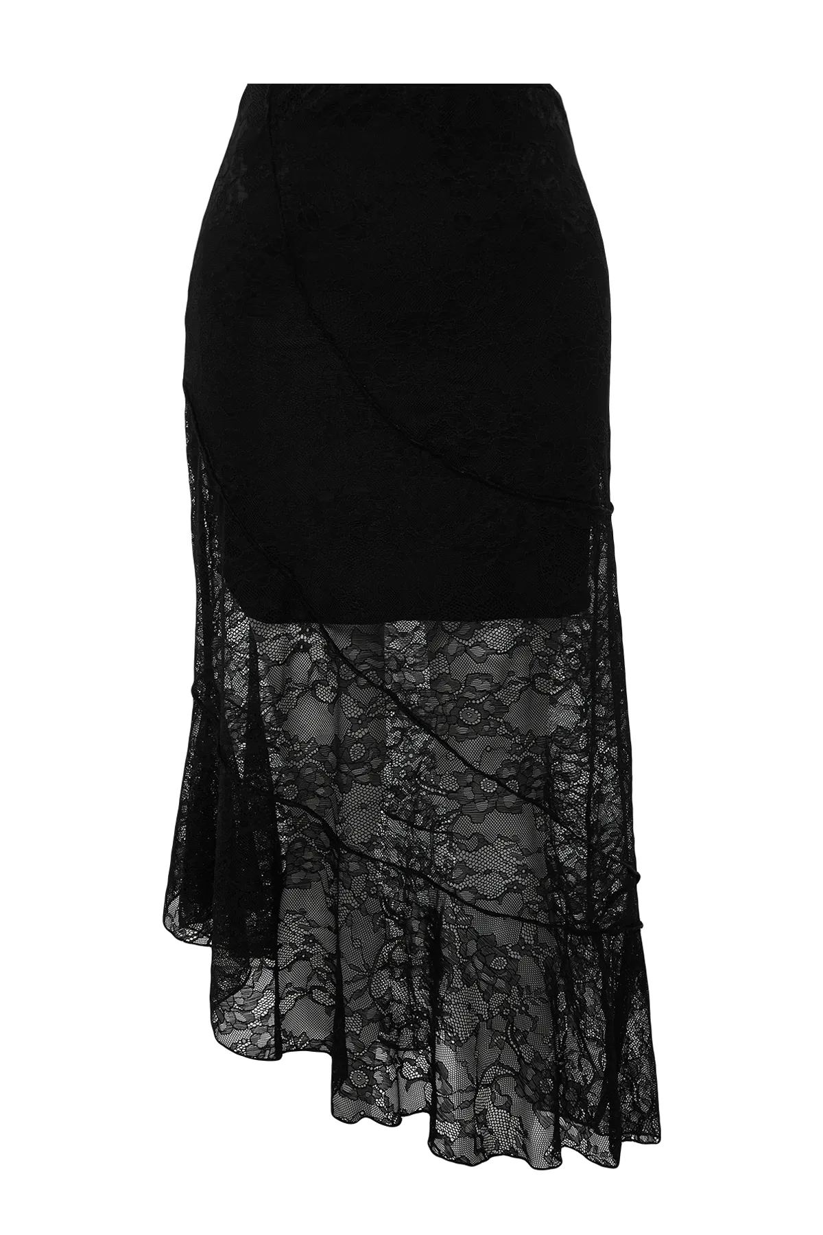 Trendyol Collection  Schwarzer asymmetrischer Midirock aus gefütterter Spitze mit Strickmuster TWOAW24ET00331