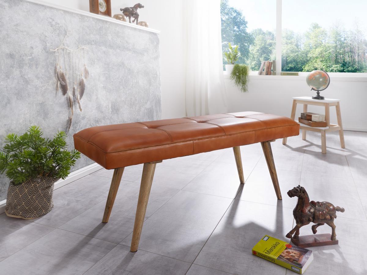 Wohnling Sitzbank SALIM Ziegenleder / Massivholz Bank 117x51x38 cm