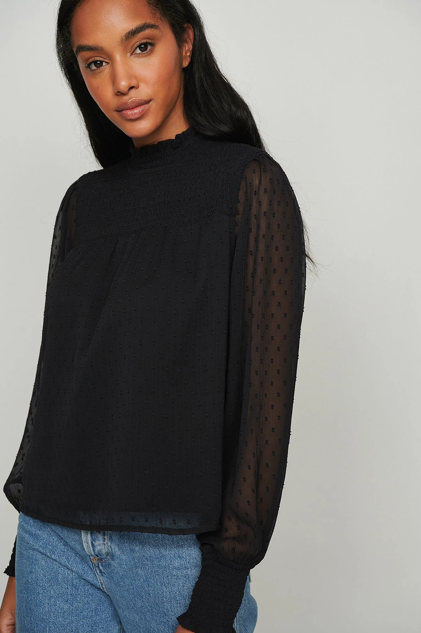 Recycelte ratière Smocked Rüschenausschnitt Bluse