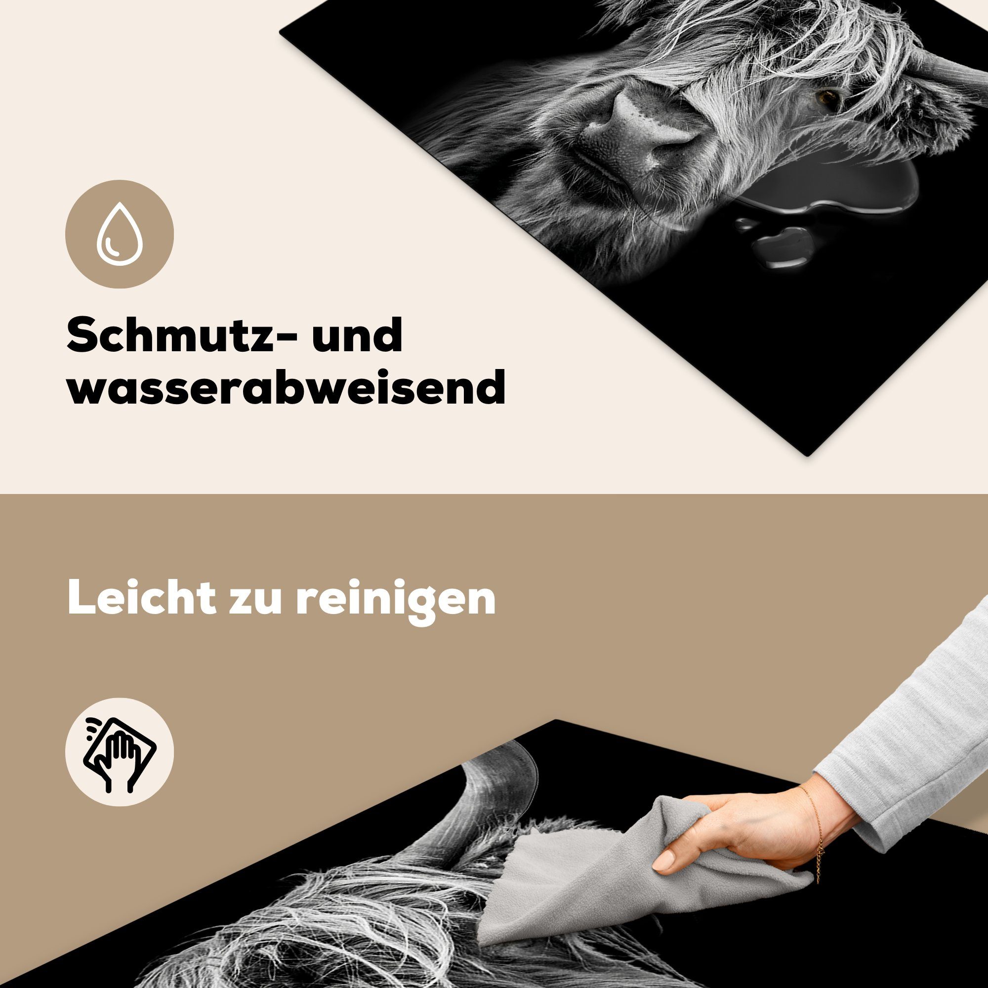 MuchoWow Herdblende-/Abdeckplatte Schottischer Highlander - Hörner - Schwarz - Weiß - Kuh - Wild - Tiere, Vinyl, (1 tlg), 81x52 cm, Induktionskochfeld Schutz für die küche, Ceranfeldabdeckung