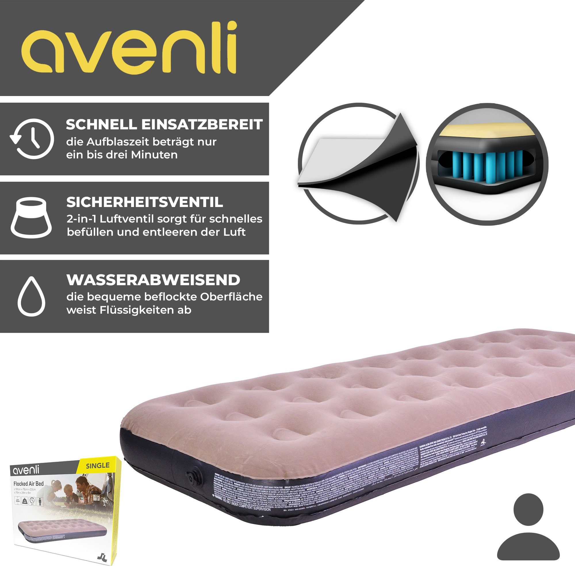 Avenli Luftbett Campingbett grau 191x73x22 cm, (Luftmatratze für 1 Person), Gästebett mit beflockter Oberfläche