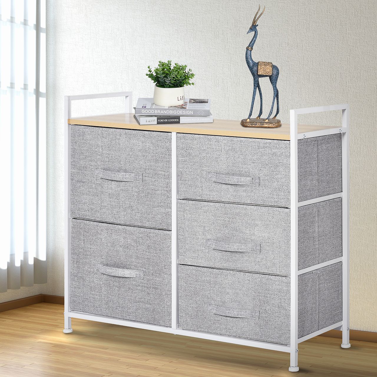 HOMCOM Schubladenschrank, Aufbewahrungsschrank, Stoffkommode mit 5 Stoffschubladen, Stoff  Holz  Metallrahmen, Grau, 83 x 29 x 77 cm