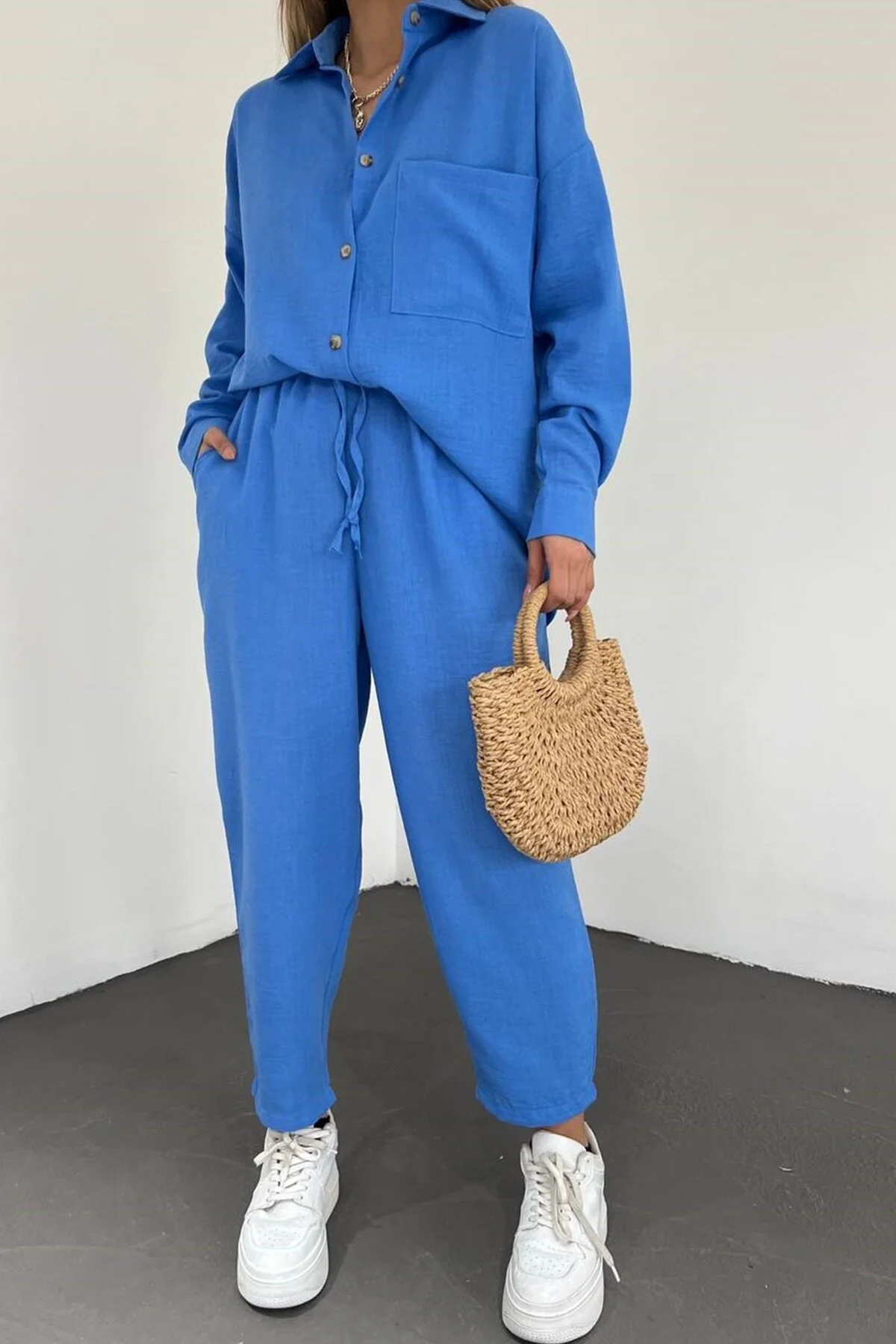 lovebox  Damen-Set aus Hemd und Hose aus Leinenstoff mit Taschendetail, Übergröße, Doppelblau, 10277
