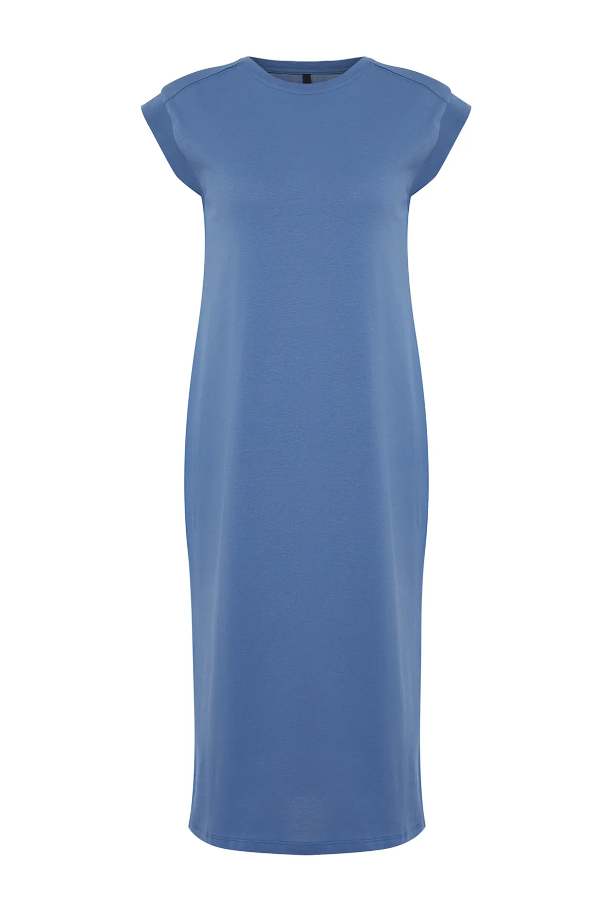 Trendyol Collection  Indigofarbenes, schlichtes T-Shirt-Kleid aus 100 % Baumwolle mit Mondärmeln, Shift-/Bequem geschnittenes Midi-Midikleid TWOSS24EL00126