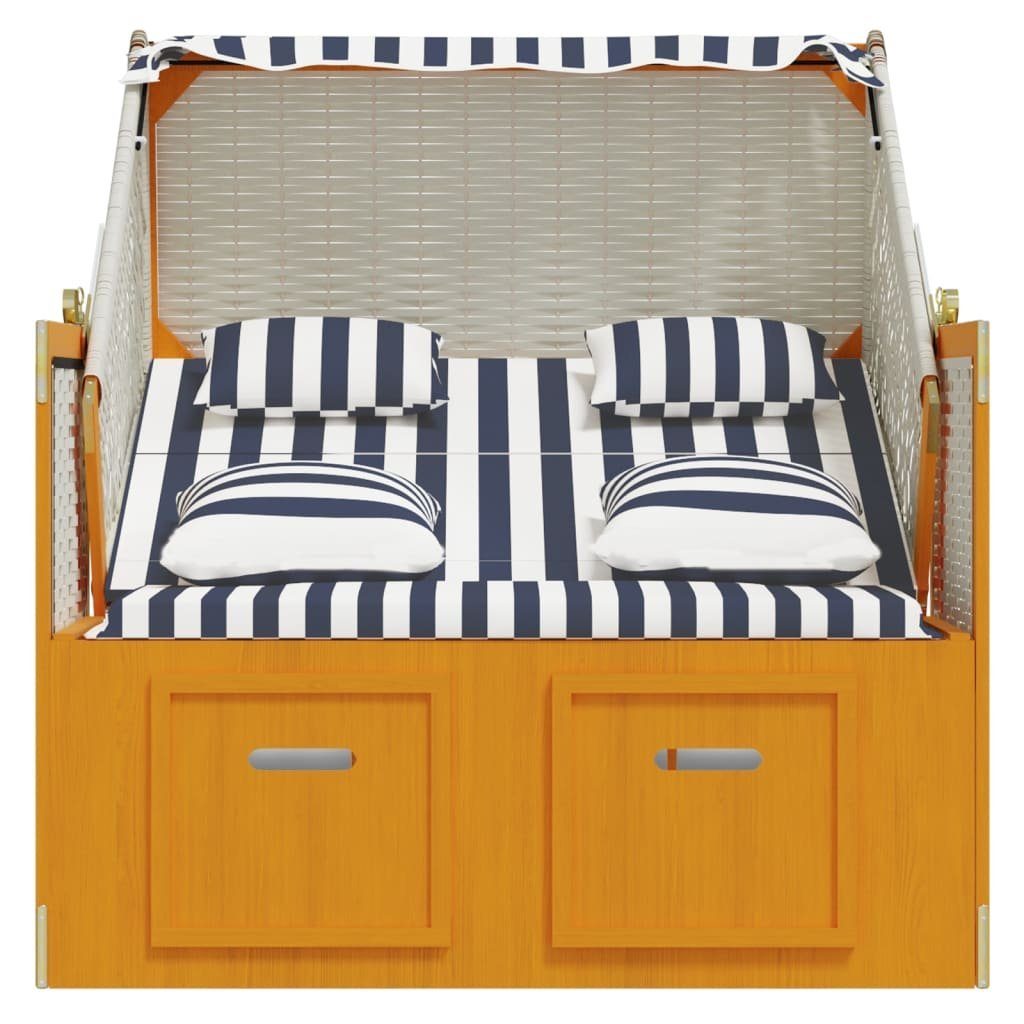 vidaXL Gartenliege Strandkorb mit Kissen Poly Rattan & Massivholz Weiß & Blau, 1 St.