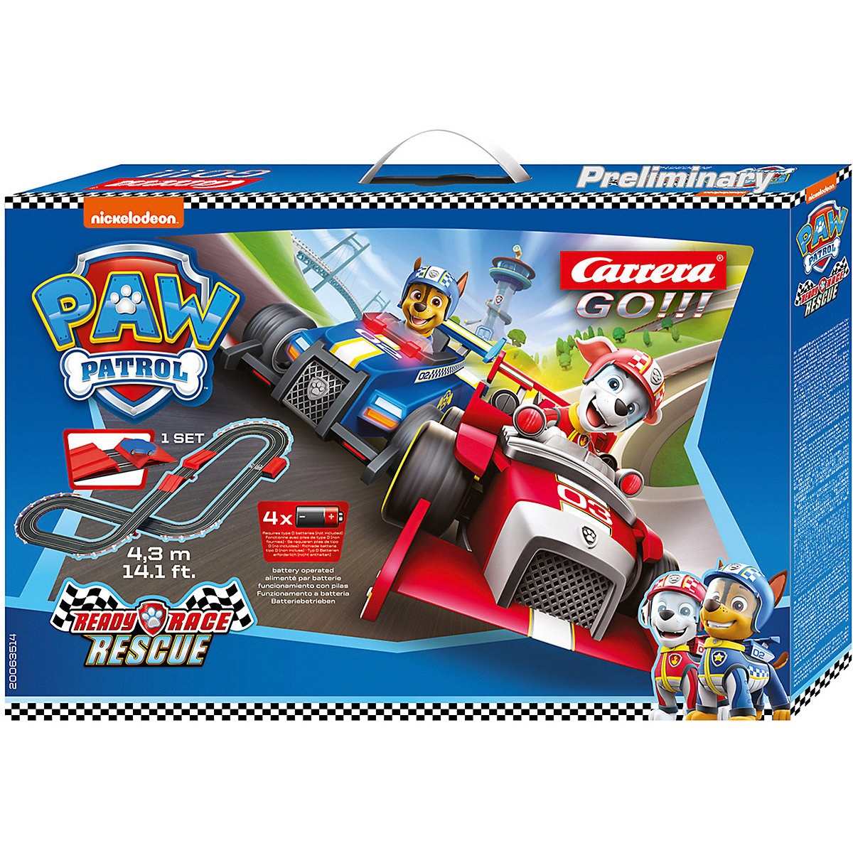 CARRERA GO!!! - PAW Patrol - Ready, Race & Rescue Autorennbahn mit Chase und Marshall, Starterpaket mit Sprungschanze