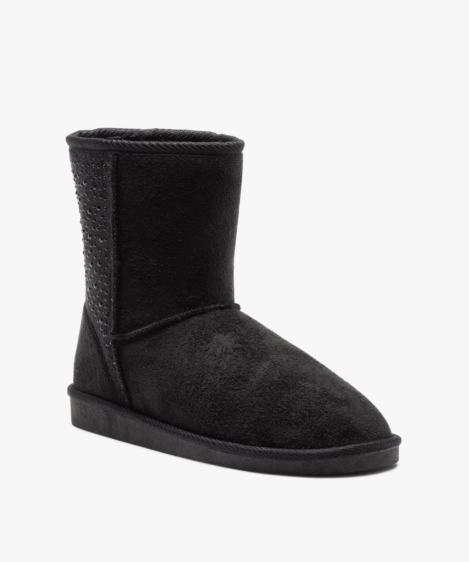 Boots fourrées femme à talon plat dessus suédine et strass noir | GEMO