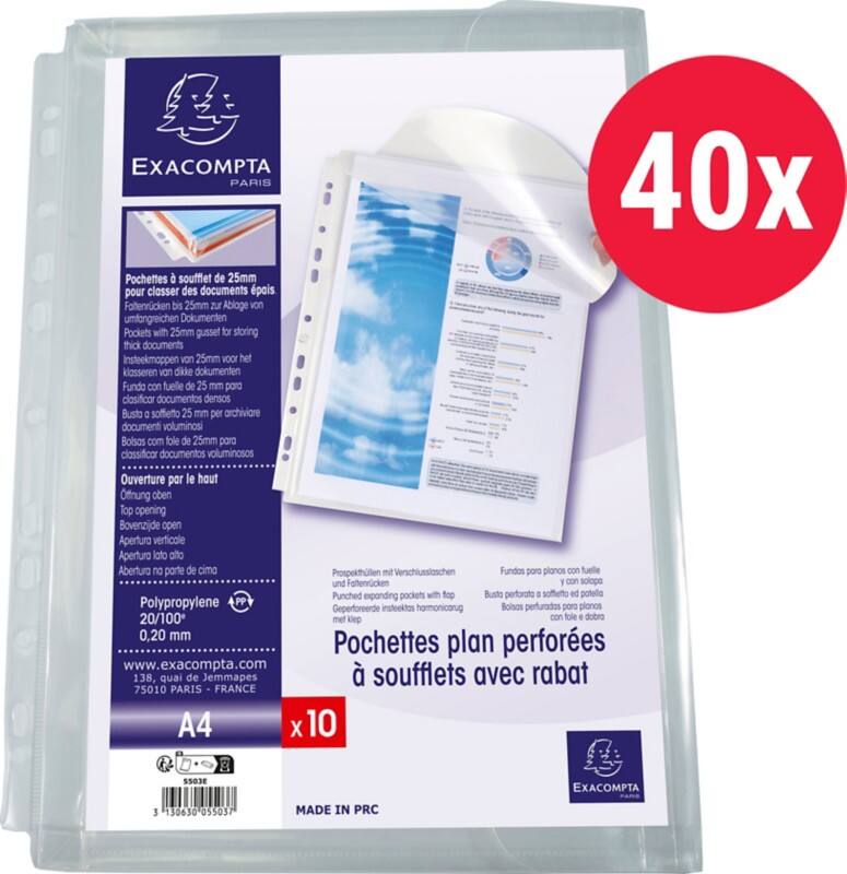 Exacompta Klarsichthüllen DIN A4 Glatt Transparent PP (Polypropylen) Öffnung Längsseite 5505E 40 Stück