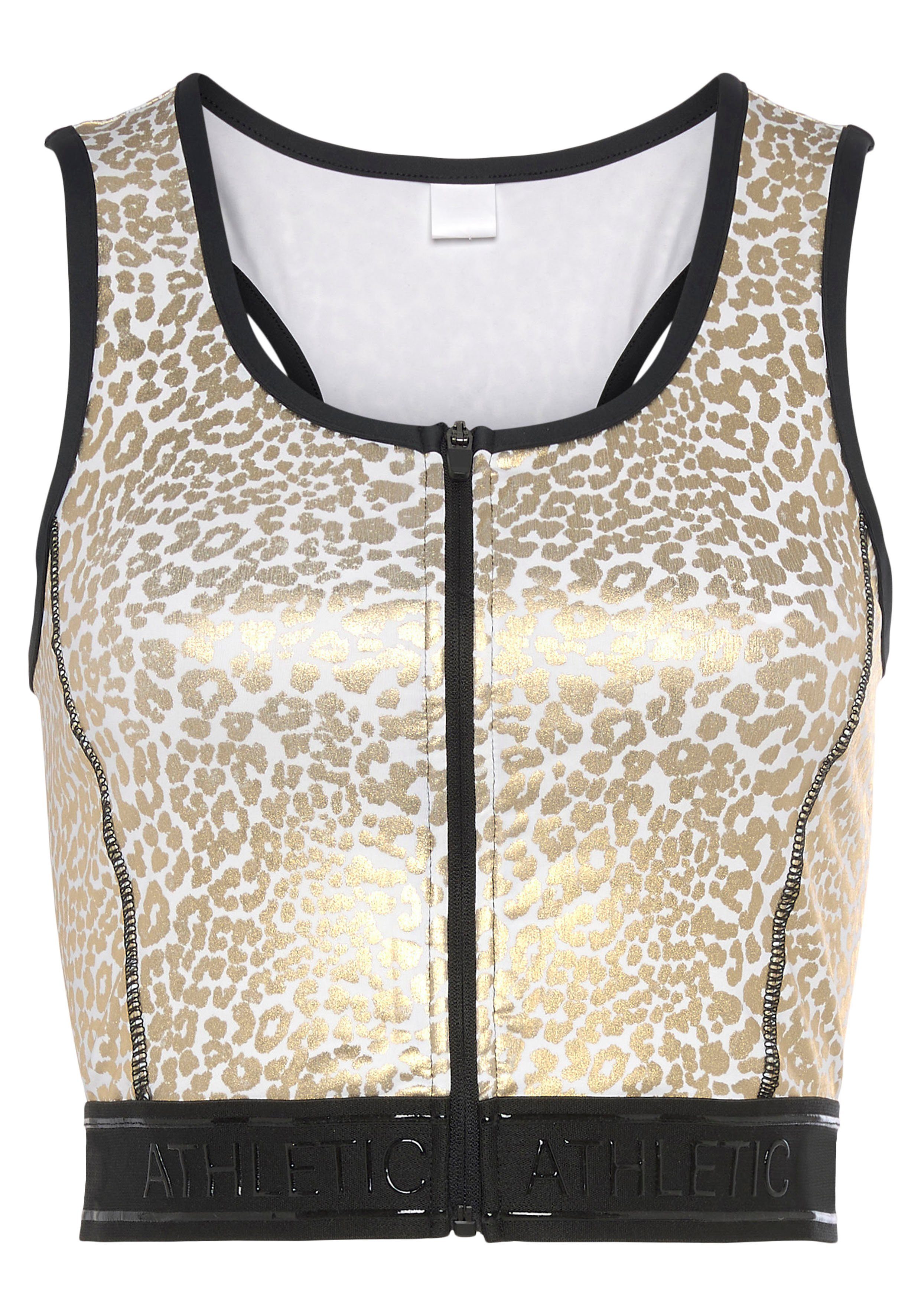 LASCANA ACTIVE Crop-Top -Sporttop mit glänzendem Animalprint und 3D-Schriftzug auf dem Bund