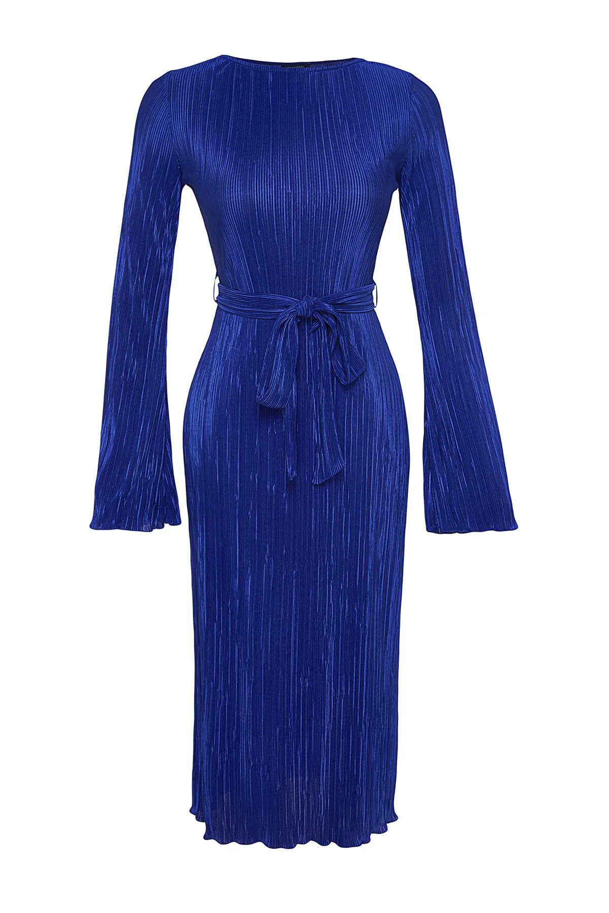 Trendyol Collection  Marineblaues Midi-Strickkleid in A-Linie mit ausgestellten Ärmeln aus Premium-Plisseestoff mit detailliertem Ausschnitt TWOAW24EL00125