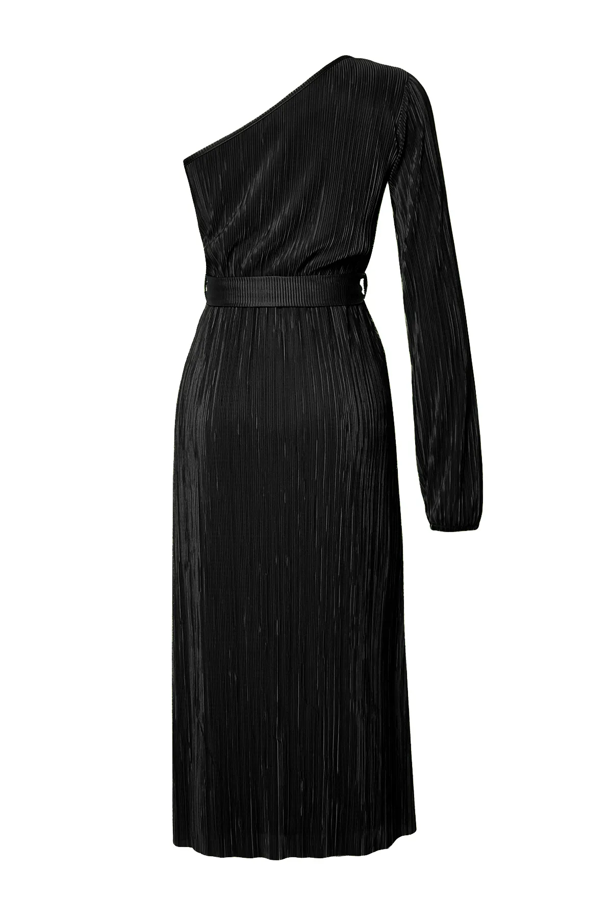Trendyol Collection  Schwarzes Midi-Bleistiftkleid aus dehnbarem Strick mit Gürtel und einem Ärmel TWOSS24EL00425