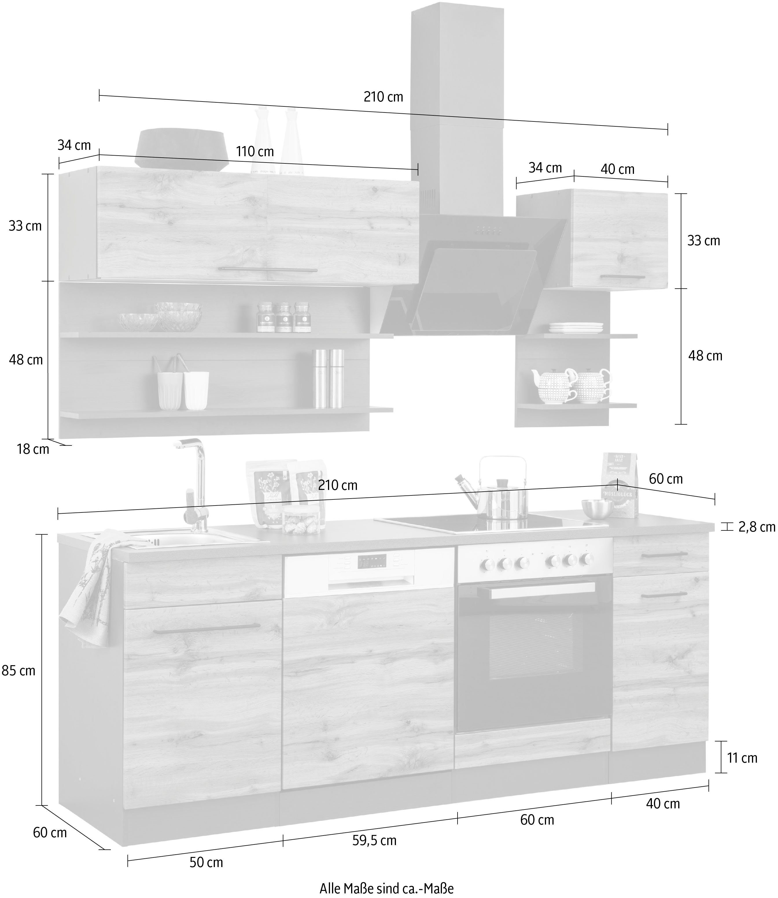 HELD MÖBEL Küchenzeile Tulsa, ohne E-Geräte, Breite 210 cm, schwarze Metallgriffe, MDF Fronten